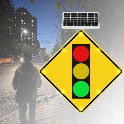 علامة عبور المشاة LED الوامضة، طبقة عاكسة من الدرجة الهندسية، علامة تحذير حركة المرور في الشوارع تعمل بالطاقة الشمسية، 24 بوصة × 24 بوصة، إطار معدني عالي التحمل مقاوم للصدأ (أ، 61 سم/24 بوصة) in Kuwait