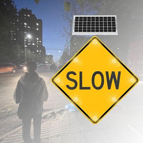 علامة عبور المشاة LED الوامضة، طبقة عاكسة من الدرجة الهندسية، علامة تحذير حركة المرور في الشوارع تعمل بالطاقة الشمسية، 24 بوصة × 24 بوصة، إطار معدني عالي التحمل مقاوم للصدأ (أ، 61 سم/24 بوصة) in Kuwait