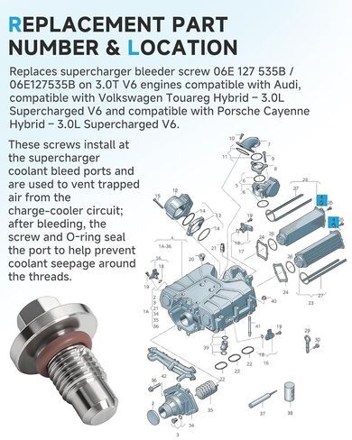 طقم براغي نازف شاحن فائق من الفولاذ المقاوم للصدأ مكون من قطعتين، متوافق مع Audi A6 A7 A8 Q5 Q7 S4 S5 SQ5 ومتوافق مع Volkswagen Touareg 3.0 V6، يستبدل 06E 127 535B، يتضمن 4 حلقات O FKM in Kuwait