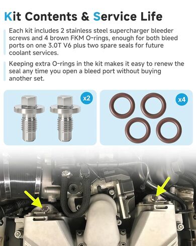 طقم براغي نازف شاحن فائق من الفولاذ المقاوم للصدأ مكون من قطعتين، متوافق مع Audi A6 A7 A8 Q5 Q7 S4 S5 SQ5 ومتوافق مع Volkswagen Touareg 3.0 V6، يستبدل 06E 127 535B، يتضمن 4 حلقات O FKM in Kuwait