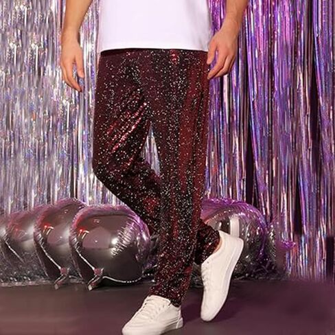 JOFOW Men's Sequins Pants Party Disco Shiny Sparkly Straight Leg Trousers Casual Dance Slim Fit Pants in Saudi Arabia