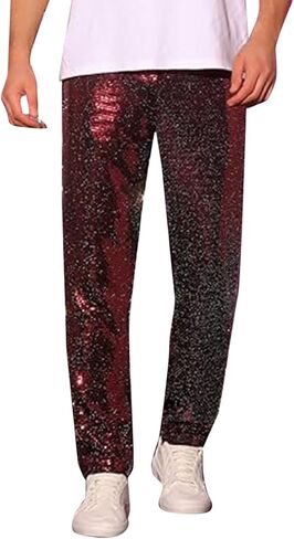 JOFOW Men's Sequins Pants Party Disco Shiny Sparkly Straight Leg Trousers Casual Dance Slim Fit Pants in Saudi Arabia