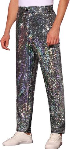JOFOW Men's Sequins Pants Party Disco Shiny Sparkly Straight Leg Trousers Casual Dance Slim Fit Pants in Saudi Arabia