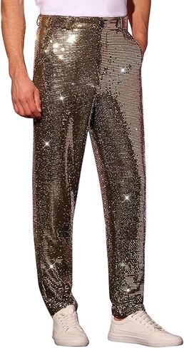 JOFOW Men's Sequins Pants Party Disco Shiny Sparkly Straight Leg Trousers Casual Dance Slim Fit Pants in Saudi Arabia