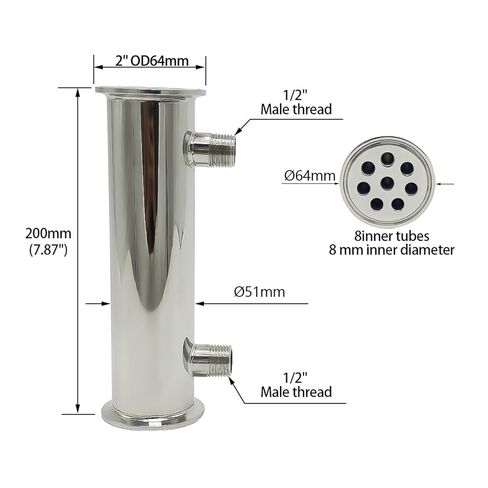Dephlegmator 2" 51mm(OD64mm)304Stainless Steel Reflux Condenser Height 200mm Inside 8 Tubes for Moonshine Distillation Column in Saudi Arabia