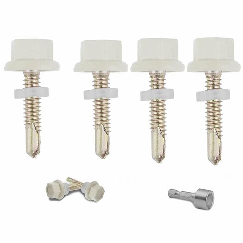 #10 × 1 Inch Metal Roofing Screws, 300 PCS, Zinc-Plated Hex Head Sheet Metal Screws with Rubber Washers, Sharp Point, Self-Starting Metal-to-Wood Siding Screws, Includes Hex Socket, White in Saudi Arabia