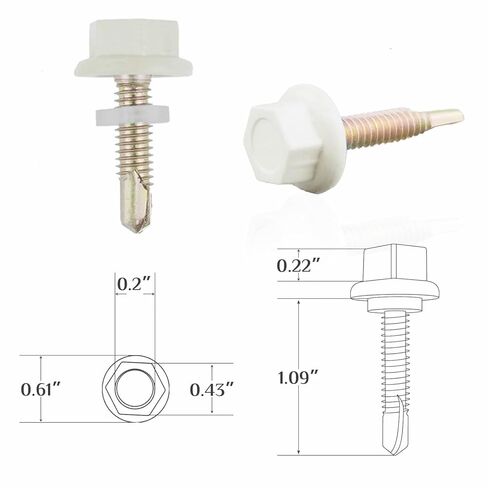 #10 × 1 Inch Metal Roofing Screws, 300 PCS, Zinc-Plated Hex Head Sheet Metal Screws with Rubber Washers, Sharp Point, Self-Starting Metal-to-Wood Siding Screws, Includes Hex Socket, White in Saudi Arabia