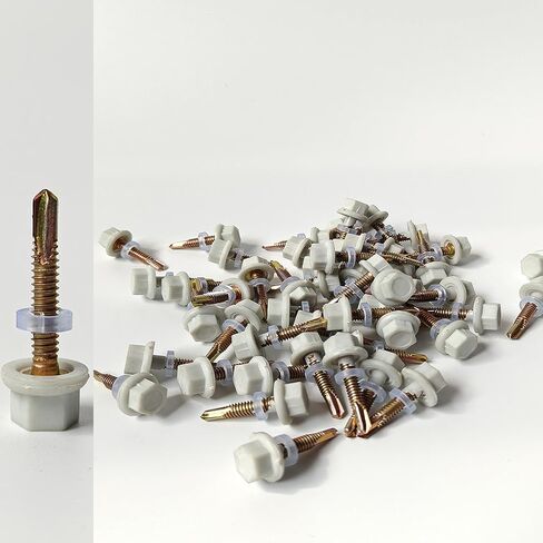 #10 × 1 Inch Metal Roofing Screws, 300 PCS, Zinc-Plated Hex Head Sheet Metal Screws with Rubber Washers, Sharp Point, Self-Starting Metal-to-Wood Siding Screws, Includes Hex Socket, White in Saudi Arabia