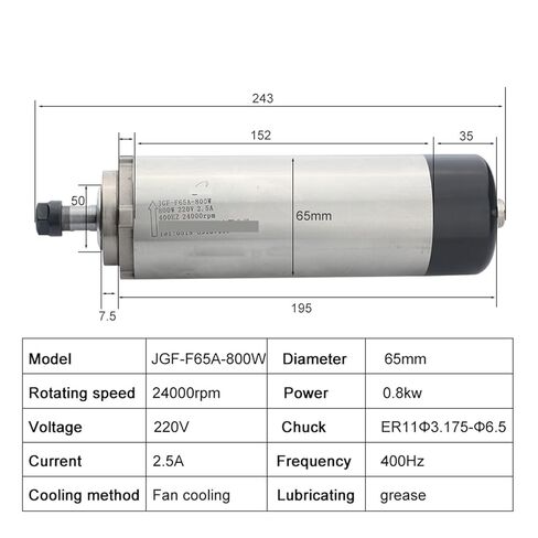 800W 220V air-Cooled Spindle ER11 Chuck Diameter 65mm 4 Bearings JGF-F65A-800W in Kuwait