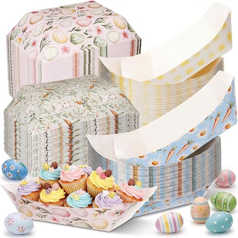 100 Pcs 3lb Easter Paper Food Trays Disposable Paper Food Boat PE Coated Serving Trays Bunny Egg Snack Plates Container for Hot Dogs Taco Desserts Easter Party Decorations Supplies in Saudi Arabia