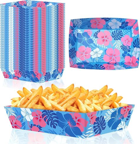 50 قطعة من ديكورات حفلات هاوايان لوا من Geefuun - صواني طعام ورقية على شكل زهرة الكركديه الكرتونية الزرقاء لأعياد الميلاد الصيفية، لوازم تقديم للاستعمال مرة واحدة تحت عنوان Aloha in Kuwait