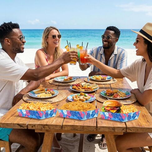 50 قطعة من ديكورات حفلات هاوايان لوا من Geefuun - صواني طعام ورقية على شكل زهرة الكركديه الكرتونية الزرقاء لأعياد الميلاد الصيفية، لوازم تقديم للاستعمال مرة واحدة تحت عنوان Aloha in Kuwait