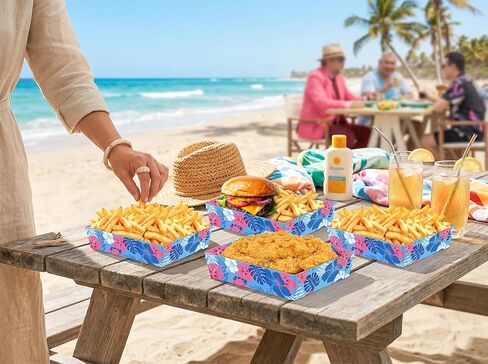 50 قطعة من ديكورات حفلات هاوايان لوا من Geefuun - صواني طعام ورقية على شكل زهرة الكركديه الكرتونية الزرقاء لأعياد الميلاد الصيفية، لوازم تقديم للاستعمال مرة واحدة تحت عنوان Aloha in Kuwait