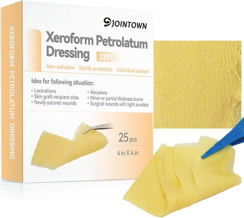 Jointown Xeroform Petrolatum Dressing Bandages, Soft Mesh Gauze Patch for Wound Care, Burns, Lacerations, Skin Grafts & Surgical Incisions, 4"x4", 25 Individual Pack in Kuwait
