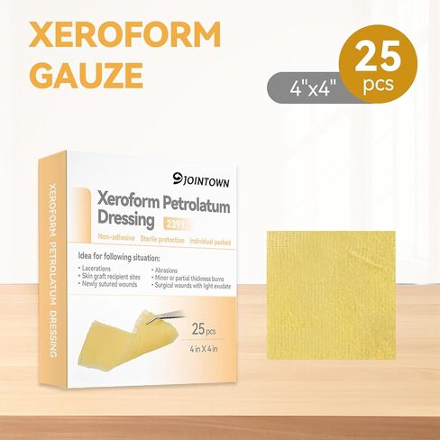 Jointown Xeroform Petrolatum Dressing Bandages, Soft Mesh Gauze Patch for Wound Care, Burns, Lacerations, Skin Grafts & Surgical Incisions, 4"x4", 25 Individual Pack in Kuwait