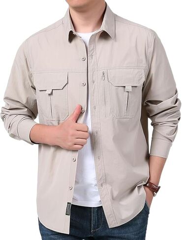 Mens Sun Protection Fishing Shirt Button Down Long Sleeve Zipper Pockets for Casual Work Travel Safari Camping Hiking in Kuwait