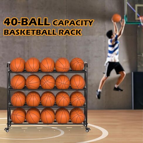 حامل تخزين كرات كرة السلة شديد التحمل، 4 طبقات 40 كرة، حامل تدريب على الرماية لكرة السلة، منظم المعدات الرياضية مع عجلات للصالة الرياضية والمدرسة والنادي in Kuwait