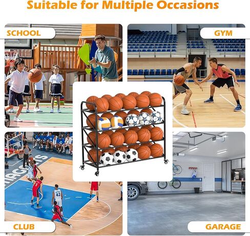 حامل تخزين كرات كرة السلة شديد التحمل، 4 طبقات 40 كرة، حامل تدريب على الرماية لكرة السلة، منظم المعدات الرياضية مع عجلات للصالة الرياضية والمدرسة والنادي in Kuwait
