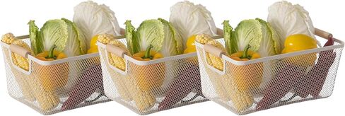 مجموعة أساسية مكونة من 3 سلال شبكية معدنية كبيرة متعددة الأغراض مع منظمات تخزين بمقبض خشبي للمطبخ والحمام وخزانة وحامل الفاكهة وحامل الأطعمة والمشروبات وديكور المنزل in Kuwait