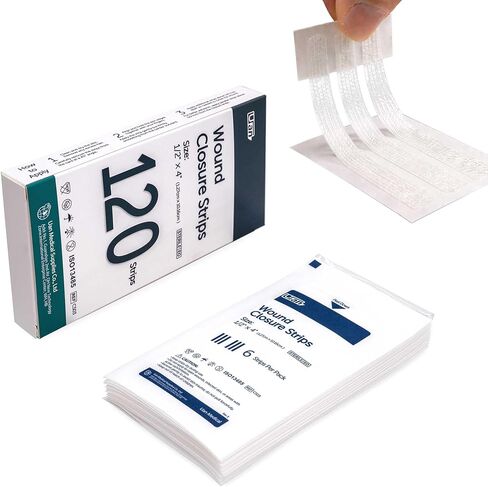 شرائط إغلاق الجروح المعقمة، 12 مم × 100 مم، 20 عبوة (ورقتان في كل عبوة، 3 شرائط في كل ورقة)، قابلة للتنفس ولا تسبب الحساسية، للجروح الصغيرة، والعناية بعد الخياطة والإسعافات الأولية، إجمالي 120 شريطًا in Kuwait