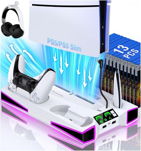 محطة تبريد PS5 حامل لـ PS5/PS5 Slim Console ، PS5 Accessories حامل رأسي مع 2.36 بوصة مروحة التبريد كبيرة P5 ، ضوء ملون ، شاحن وحدة تحكم مزدوجة ، حامل سماعات الرأس ، 3 شاحن منفذ أسود in Kuwait