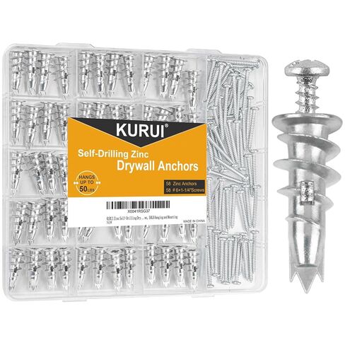 KURUI Zinc Self-Drilling Drywall Anchors, 116PCs Hollow Metal Wall Anchors and Screws Kit, 58 Heavy Duty Anchors + 58#6 x 1-1/4'' Screws, 50LB Hanging and Mounting in Kuwait