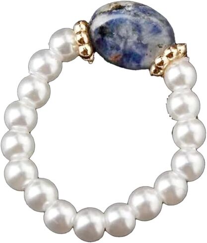 Bohemian Pearl Ring Pearl Beaded Stackable Ring Red Nature Stone Finger Ring Nature Stone Bead Elastic Ring Handmade Stacking Ring for Women and Girls Gifts (Red) in Kuwait