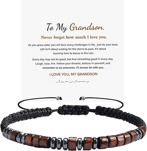 Grandson Bracelet From Grandma - Personalized I Love You Morse Code Bracelet With Wallet Card - Birthday Christmas Gifts - Handmade Adjustable Beads in Kuwait