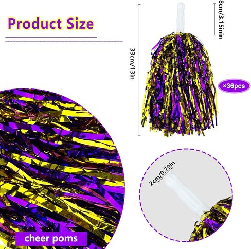 36PCS Purple Gold Cheerleading Pom Poms with Metallic Foil Plastic Baton Handle for Game Sports Squads Dancing Football Basketball Club Spirit Sports Stage Performance Celebration in Saudi Arabia