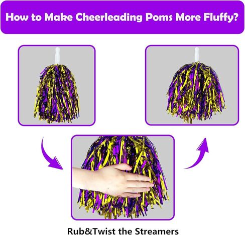 36PCS Purple Gold Cheerleading Pom Poms with Metallic Foil Plastic Baton Handle for Game Sports Squads Dancing Football Basketball Club Spirit Sports Stage Performance Celebration in Saudi Arabia