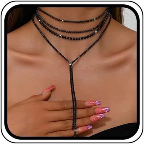 Layered Black Rhinestone Choker Necklace for Women Bling Darkness Long Silver Crystal Choker Statement Y Necklace Party Prom Trendy Boho Sparkly CZ Jewelry in Kuwait