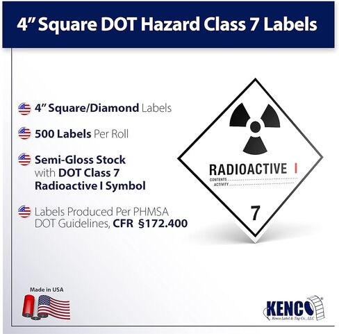 D.O.T. Labels - Hazard Class 7 DOT Radioactive I Hazmat Labels 4" X 4" Square Stickers - 500 Adhesive Labels Per Roll, Made in the USA by Kenco (1) in Saudi Arabia
