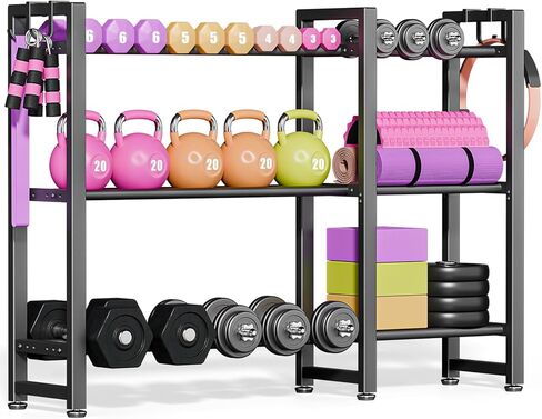 800LBS Capacity Multifunctional Home Gym Storage Rack with Side Hooks, Heavy Duty Adjustable Weight Storage Rack for Dumbbells Kettlebells Yoga Mat, Space Saving Workout Equipment Storage Organizer in Saudi Arabia