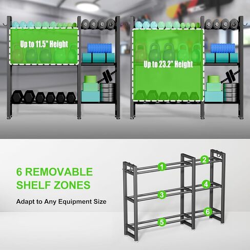 800LBS Capacity Multifunctional Home Gym Storage Rack with Side Hooks, Heavy Duty Adjustable Weight Storage Rack for Dumbbells Kettlebells Yoga Mat, Space Saving Workout Equipment Storage Organizer in Saudi Arabia