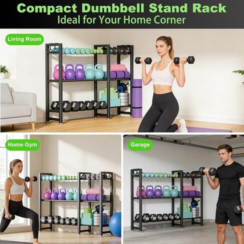 800LBS Capacity Multifunctional Home Gym Storage Rack with Side Hooks, Heavy Duty Adjustable Weight Storage Rack for Dumbbells Kettlebells Yoga Mat, Space Saving Workout Equipment Storage Organizer in Saudi Arabia
