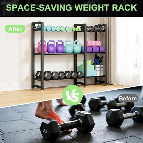 800LBS Capacity Multifunctional Home Gym Storage Rack with Side Hooks, Heavy Duty Adjustable Weight Storage Rack for Dumbbells Kettlebells Yoga Mat, Space Saving Workout Equipment Storage Organizer in Saudi Arabia