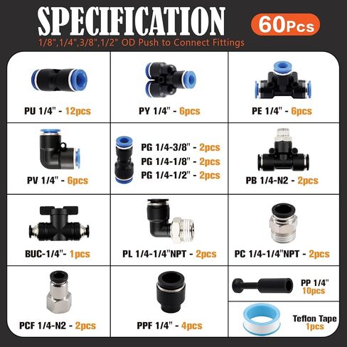 60 قطعة 1/4 "مجموعة متنوعة من تركيبات خرطوم الهواء سريعة التوصيل، ادفع لتوصيل التركيبات، مع تركيبات خط الهواء الموضوع NPT لنظام فرامل الهواء in Kuwait