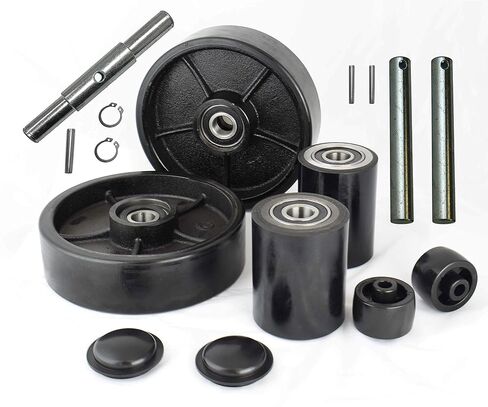 مجموعة كاملة من رافعة البليت/الشاحنة مع محاور، وعجلات قيادة مقاس 7 بوصة × 2 بوصة مع بكرة تحميل أمامية مقاس 3 بوصة × 3.75 بوصة مع محامل معرف 20 مم مداس بولي أسود مع أسطوانة خروج الدخول وأغطية واقية in Kuwait