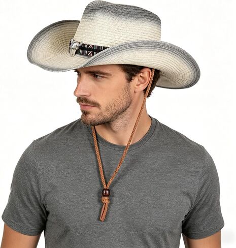 Straw Cowboy Sun Hat for Men Women Cowgirl Summer Fedora Beach Panama Western Cap UPF 50+ Shapeable Brim Cap with Bull Belt in Kuwait