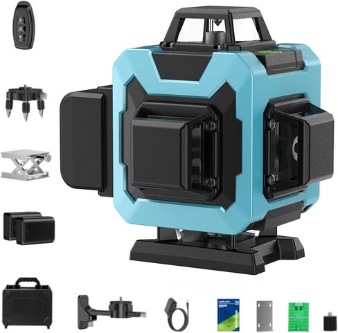 16 Line Laser Level 360 Self Leveling, 4x360°Professional 4D Green Cross Line Laser Level with 2 Batteries, Adjustable Brightness & Remote Control, for Tiling Floor Construction and Picture Hanging in Kuwait