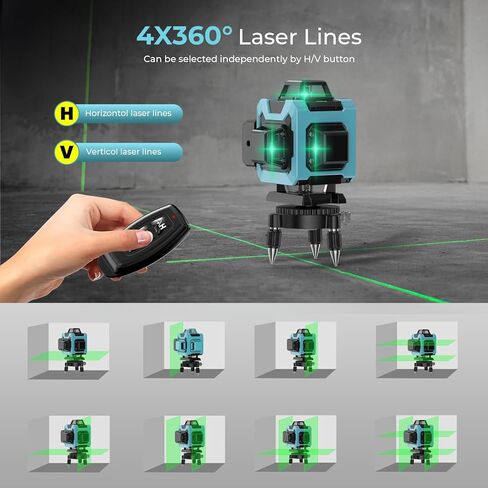 16 Line Laser Level 360 Self Leveling, 4x360°Professional 4D Green Cross Line Laser Level with 2 Batteries, Adjustable Brightness & Remote Control, for Tiling Floor Construction and Picture Hanging in Kuwait