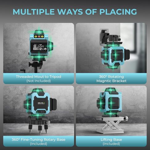 16 Line Laser Level 360 Self Leveling, 4x360°Professional 4D Green Cross Line Laser Level with 2 Batteries, Adjustable Brightness & Remote Control, for Tiling Floor Construction and Picture Hanging in Kuwait