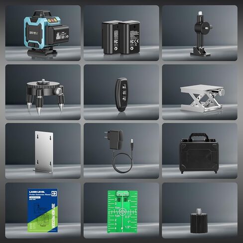 16 Line Laser Level 360 Self Leveling, 4x360°Professional 4D Green Cross Line Laser Level with 2 Batteries, Adjustable Brightness & Remote Control, for Tiling Floor Construction and Picture Hanging in Kuwait