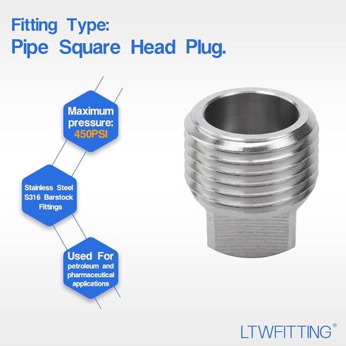 LTWFITTING Stainless Steel 316 Pipe Square Head Plug Fittings 1/2-Inch Male NPT Air Fuel Water Boat(Pack of 200) in Saudi Arabia