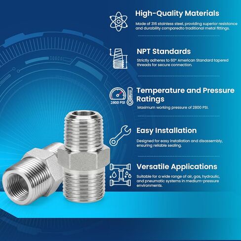 2 قطعة 1/4 "NPT ذكر تركيبات أنابيب الحلمة السداسية - محول ملولب من الفولاذ المقاوم للصدأ 316 من الدرجة الصناعية 5000 رطل لكل بوصة مربعة لضاغط الهواء وتطبيق خط الغاز الهيدروليكي in Kuwait