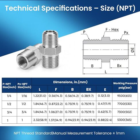 2 قطعة 1/4 "NPT ذكر تركيبات أنابيب الحلمة السداسية - محول ملولب من الفولاذ المقاوم للصدأ 316 من الدرجة الصناعية 5000 رطل لكل بوصة مربعة لضاغط الهواء وتطبيق خط الغاز الهيدروليكي in Kuwait