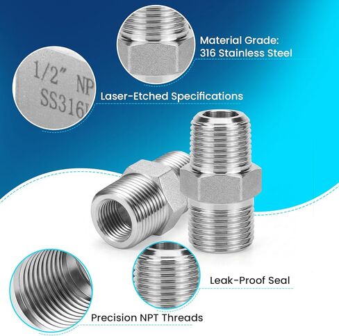 2 قطعة 1/4 "NPT ذكر تركيبات أنابيب الحلمة السداسية - محول ملولب من الفولاذ المقاوم للصدأ 316 من الدرجة الصناعية 5000 رطل لكل بوصة مربعة لضاغط الهواء وتطبيق خط الغاز الهيدروليكي in Kuwait