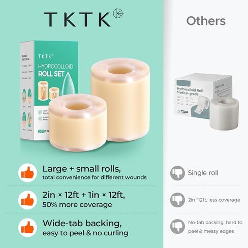 لفة غرواني مائي بحجمين من TKTK، (2 بوصة * 12 قدم + 1 بوصة * 12 قدم) ضمادات غرواني مائي، رقعة غرواني مائي لحب الشباب والجروح والحروق والعناية بالبثور، ورقع البثور مع دعامة سهلة التقشير، مقاومة للماء وفائقة الامتصاص in Kuwait