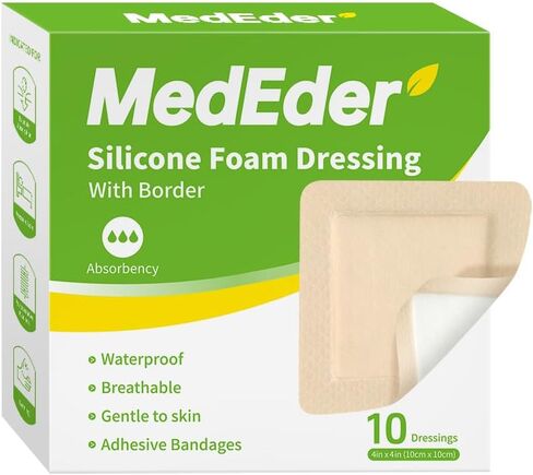 Silicone Foam Dressing 4"x4" with Border 10 Pack - Waterproof Wound Care Bandage for Pressure Sores, Diabetic Ulcers & Bed Sores - High Absorbency in Saudi Arabia