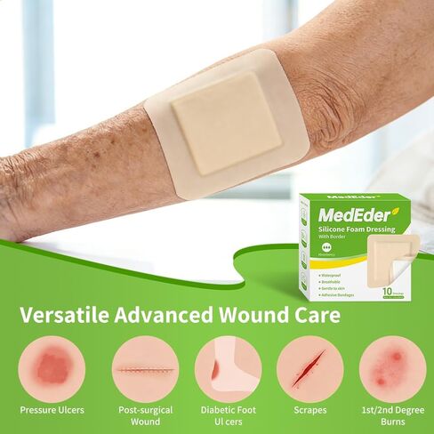 Silicone Foam Dressing 4"x4" with Border 10 Pack - Waterproof Wound Care Bandage for Pressure Sores, Diabetic Ulcers & Bed Sores - High Absorbency in Saudi Arabia